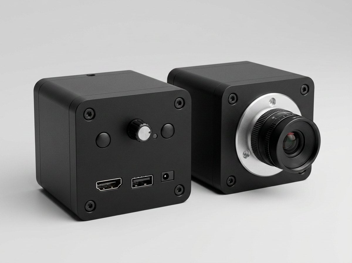 Two compact cube-format HDMI industrial cameras, rear I/O panel and C-mount face