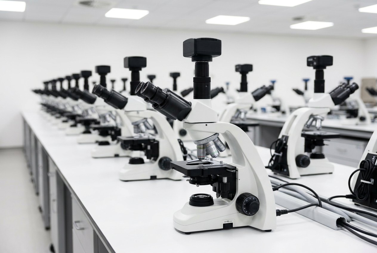 Laboratory benches with rows of microscopes fitted with digital imaging cameras