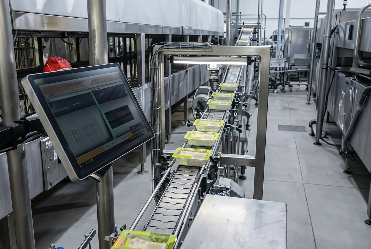 Food packaging line with an inkjet date-code inspection monitor over trays on a conveyor