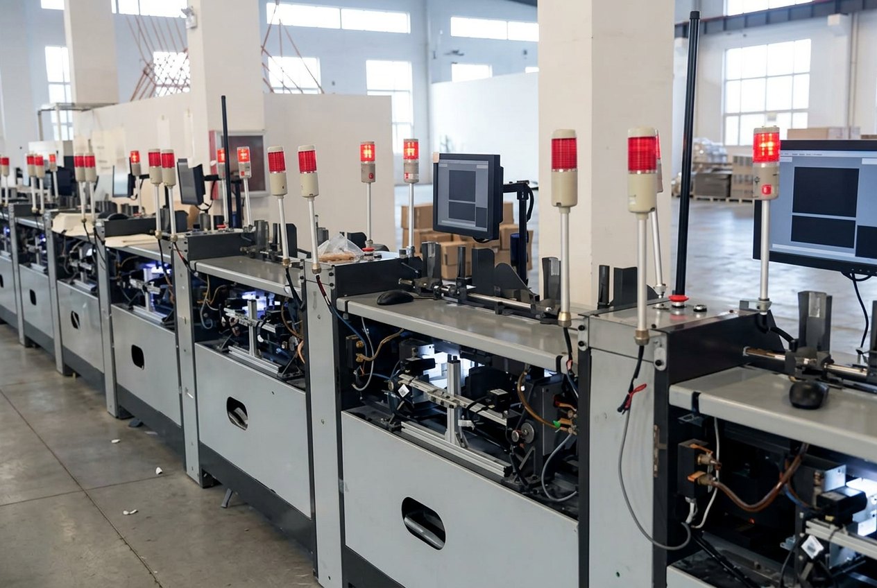 Production hall with a row of vision inspection stations, each with its own monitor