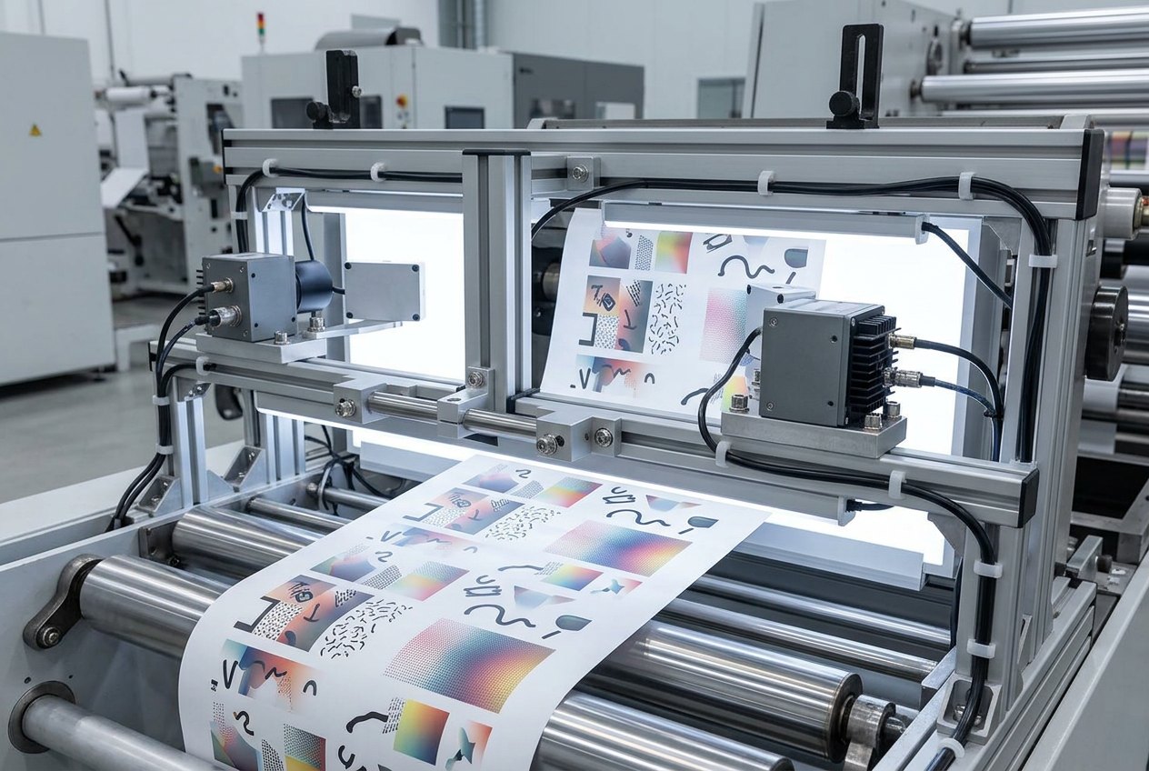 Sheet inspection rig with backlit printed sheets and two mounted inspection cameras