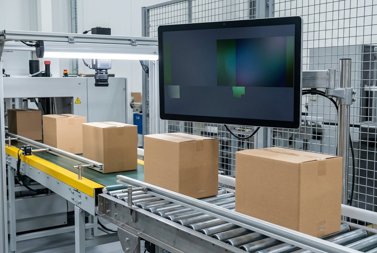Case-packer verification monitor with green pass overlays above a carton conveyor