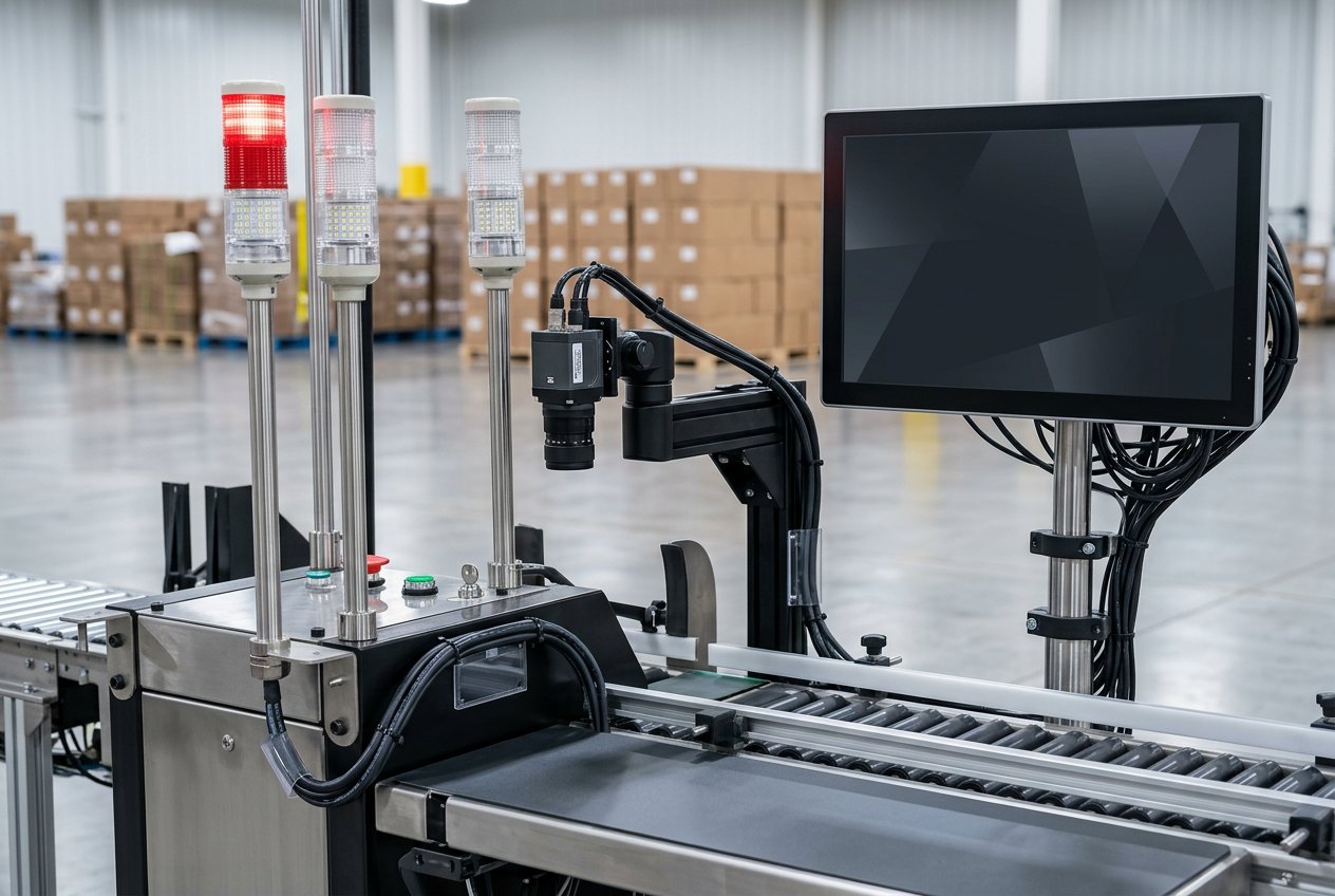 Inline code inspection station with monitor mounted over a conveyor