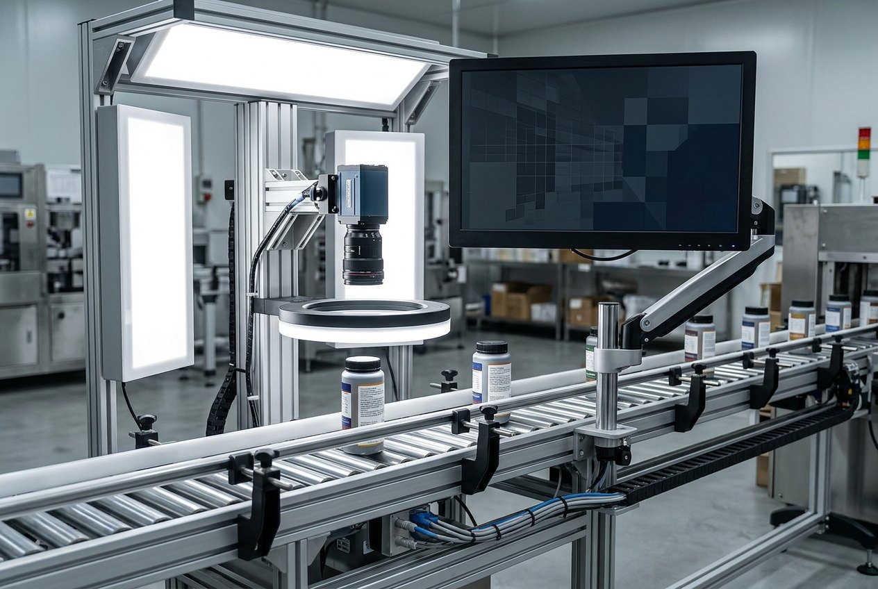 Label position inspection monitor mounted on a packaging line showing measured label placement