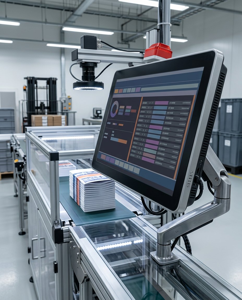 Touchscreen HMI of a book-spine sequence verification system with rows of inspected spines highlighted