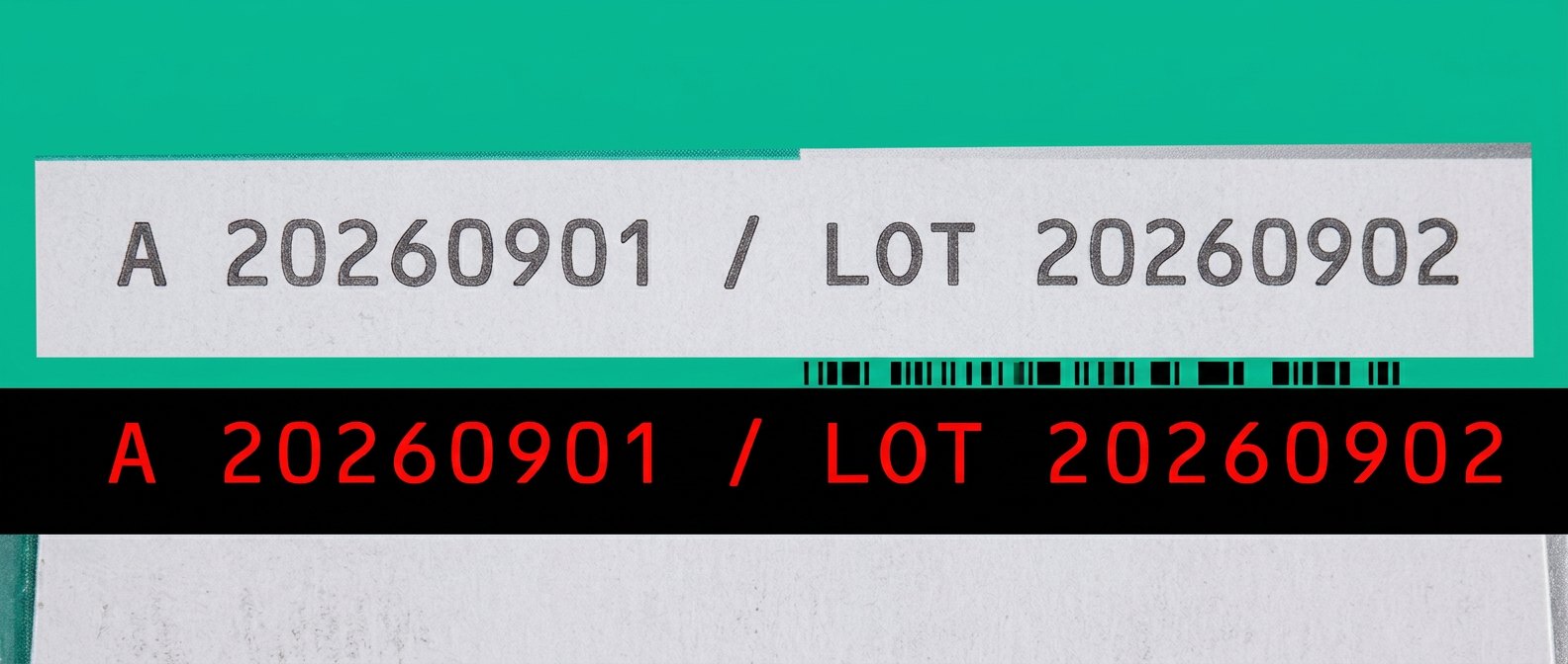 Code-verification system output showing printed and verified date codes with pass region highlighted